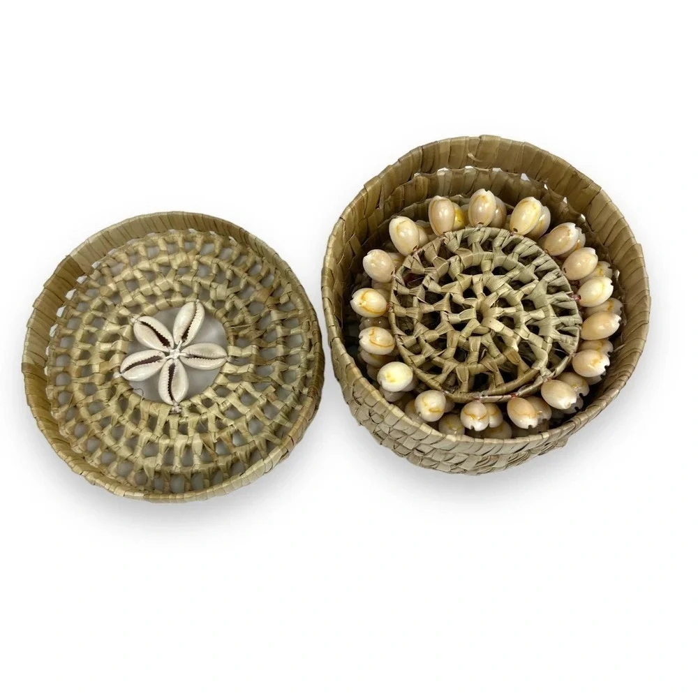 Vintage Handmade Cowrie Seashell Art Wicker Coasters & Box From The Phillipines
